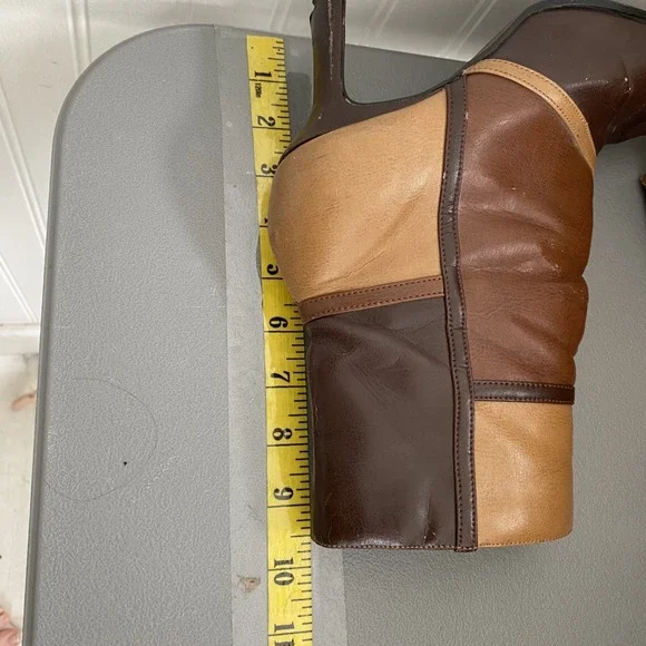 Vintage Y2K Patchwork Faux Leather Booties Boots Size 8M Square Toe Boho Brown - Picture 12 of 13